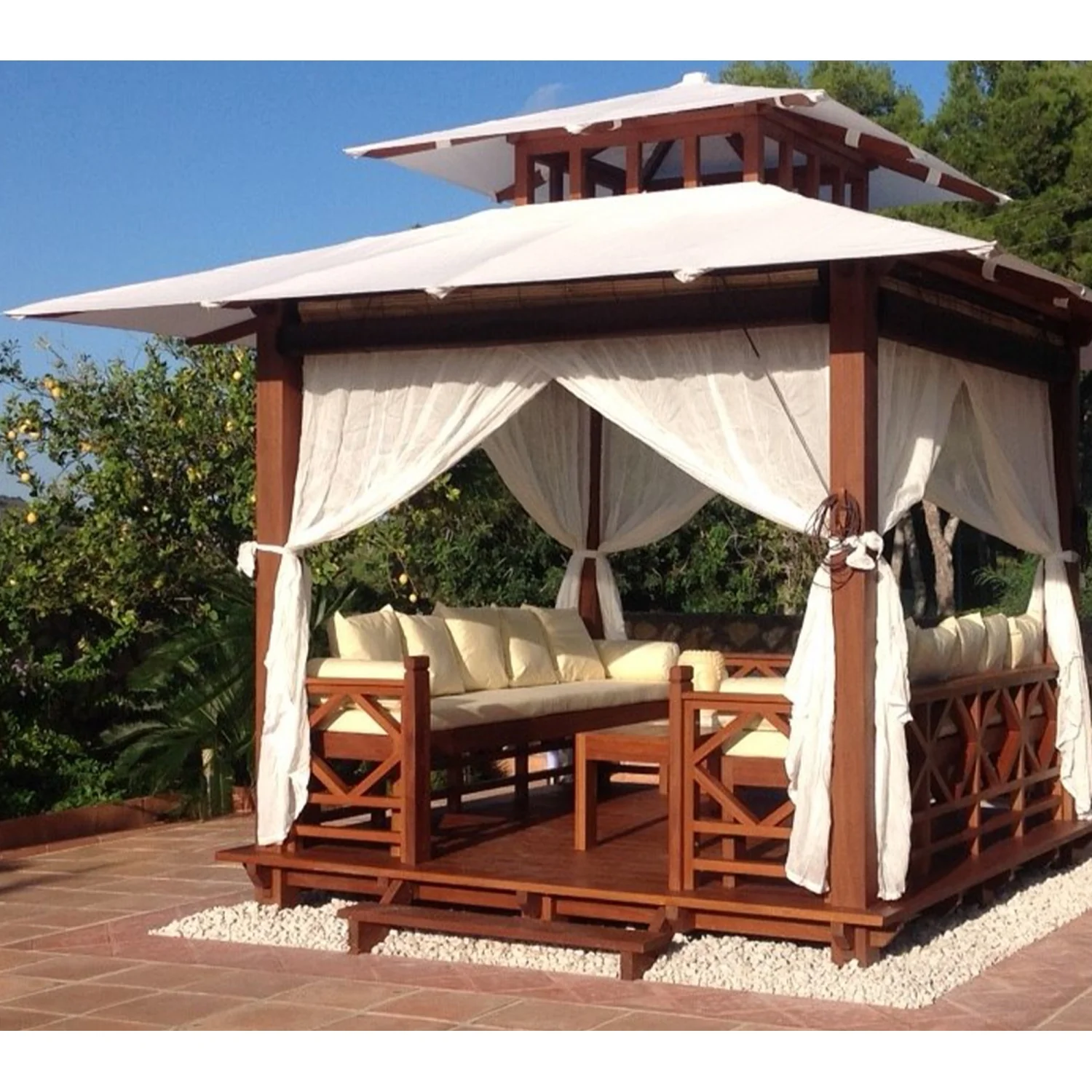 Exaco | 10x10 Ft Exquisite Handcrafted Solid Wood Gazebo With Canopy, Coffee Table and Benches From Bali Indonesia - Image 3
