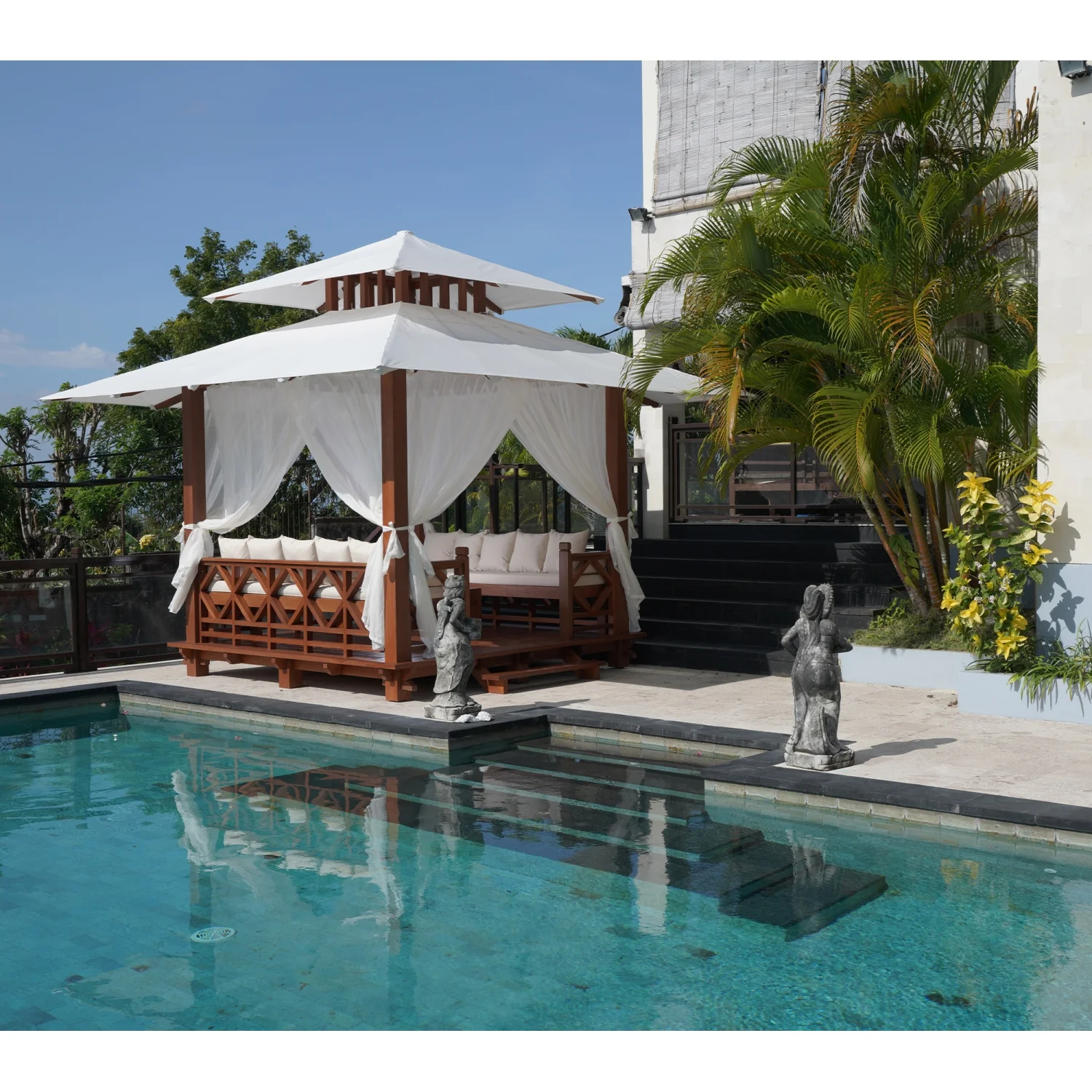 Exaco | 10x10 Ft Exquisite Handcrafted Solid Wood Gazebo With Canopy, Coffee Table and Benches From Bali Indonesia - Image 4