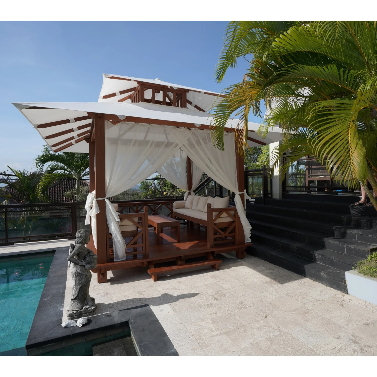 Exaco | 10x10 Ft Exquisite Handcrafted Solid Wood Gazebo With Canopy, Coffee Table and Benches From Bali Indonesia - Image 5