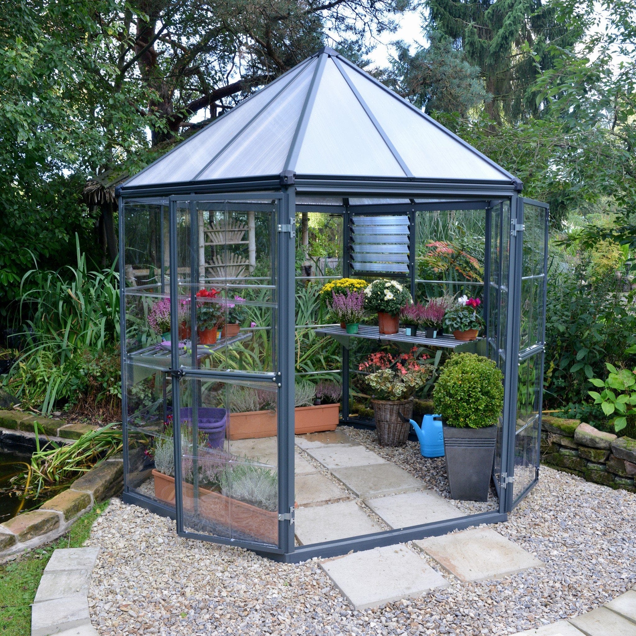 Palram - Canopia | 7x8 ft Oasis Hex Greenhouse Kit - Gray With 0.8mm Polycarbonate Glazing