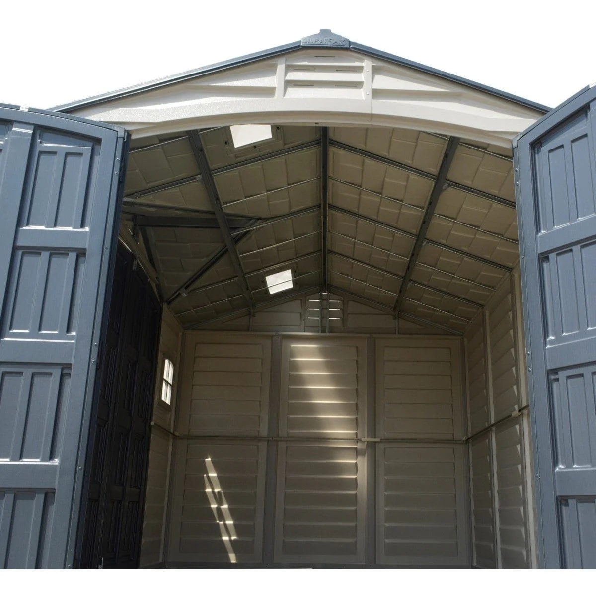 DuraMax | 10.5x8x6 ft Apex Pro Vinyl Plastic Storage Shed with Foundation, 2 Windows & a Sidedoor - Image 6