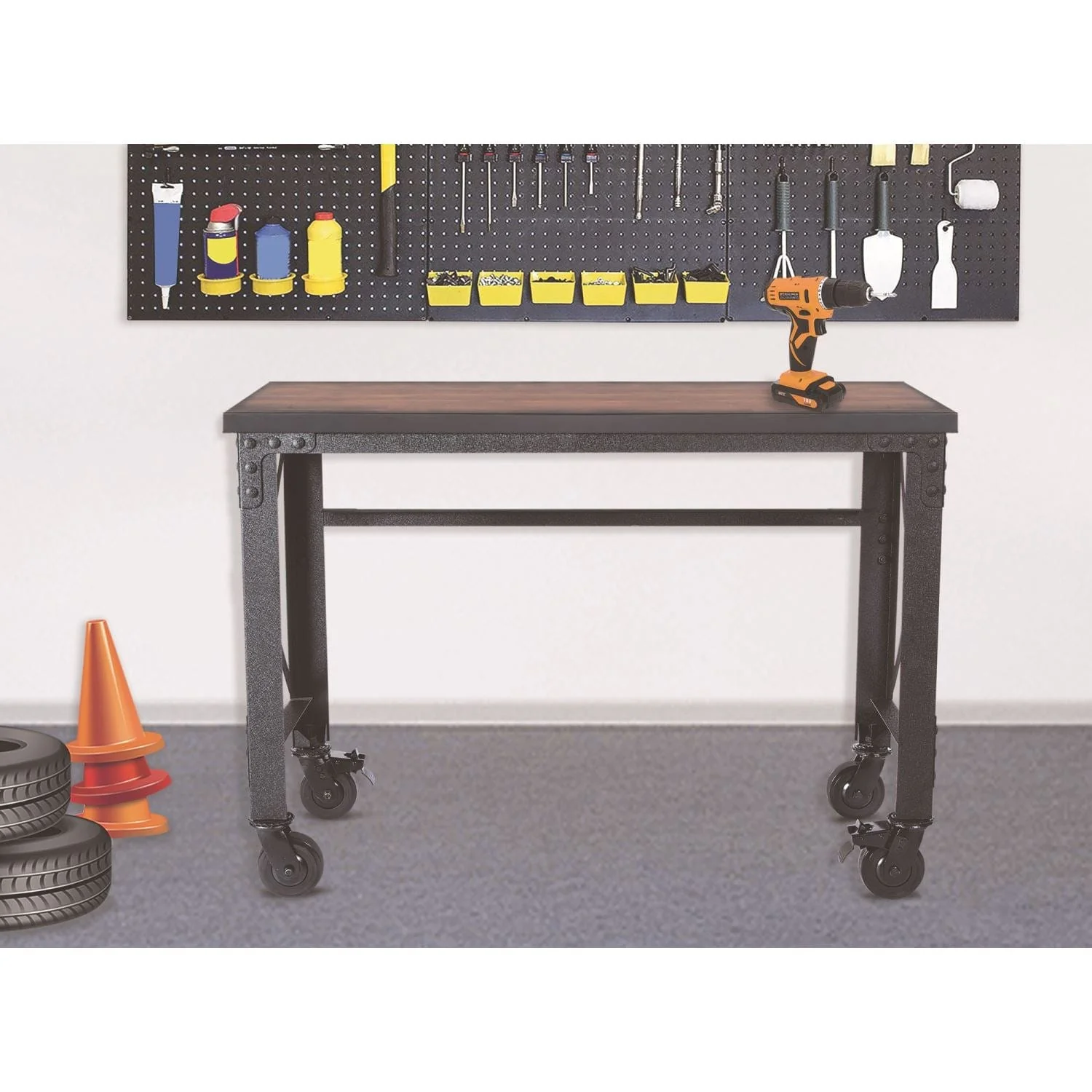 DuraMax | 52 In. x 24 In. Rolling Industrial Worktable Desk with Solid Wood Top - Image 3