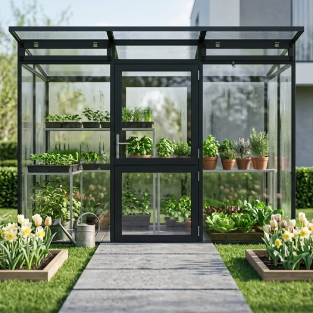 KGT | Linea II Modern Greenhouse 9ft 9in x 6ft 8in x 7ft - 4mm Glass / 10mm Twin-Wall Polycarbonate Glazing - Image 5